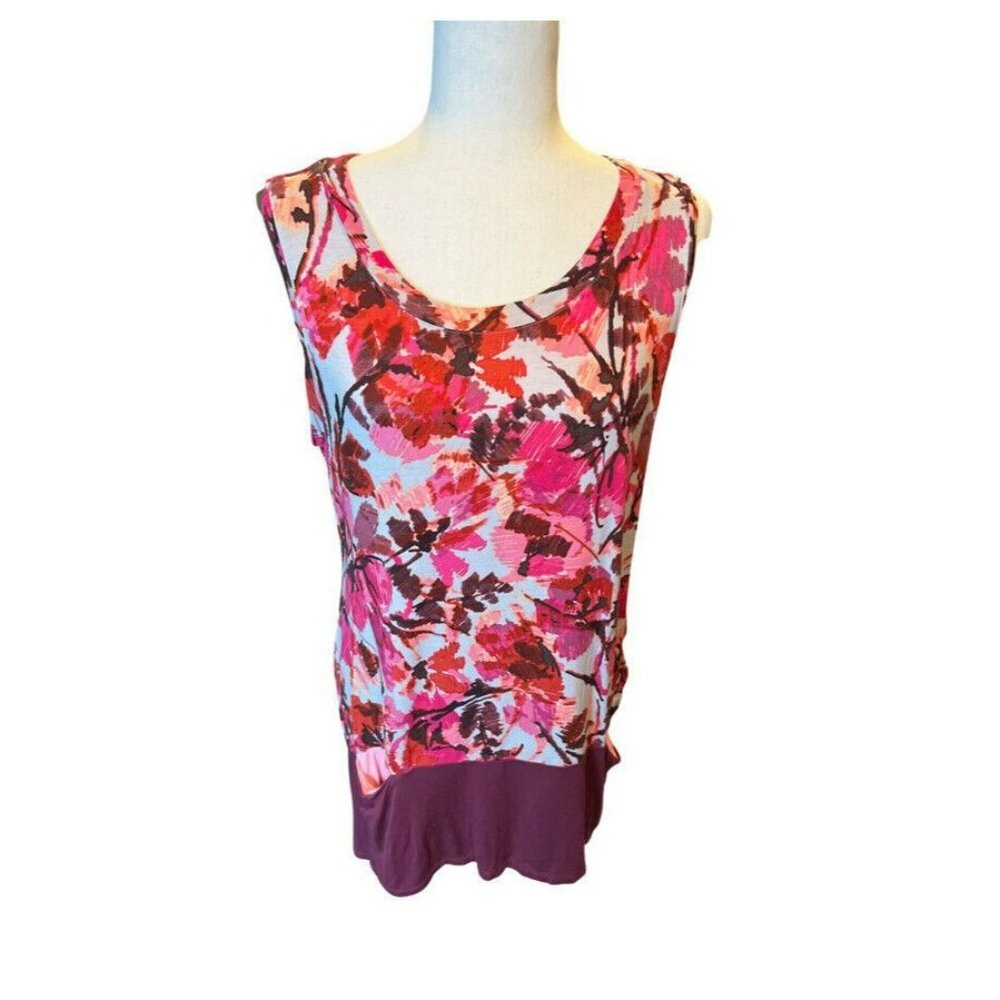 LOGO Lori Goldstein Printed Tank Flounce Hemline-Pockets Large Pink Fuchsia